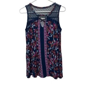 Tru Self Navy Blue Floral Sleeveless Top with Sheer Polka Dot Mesh Yoke & Lace